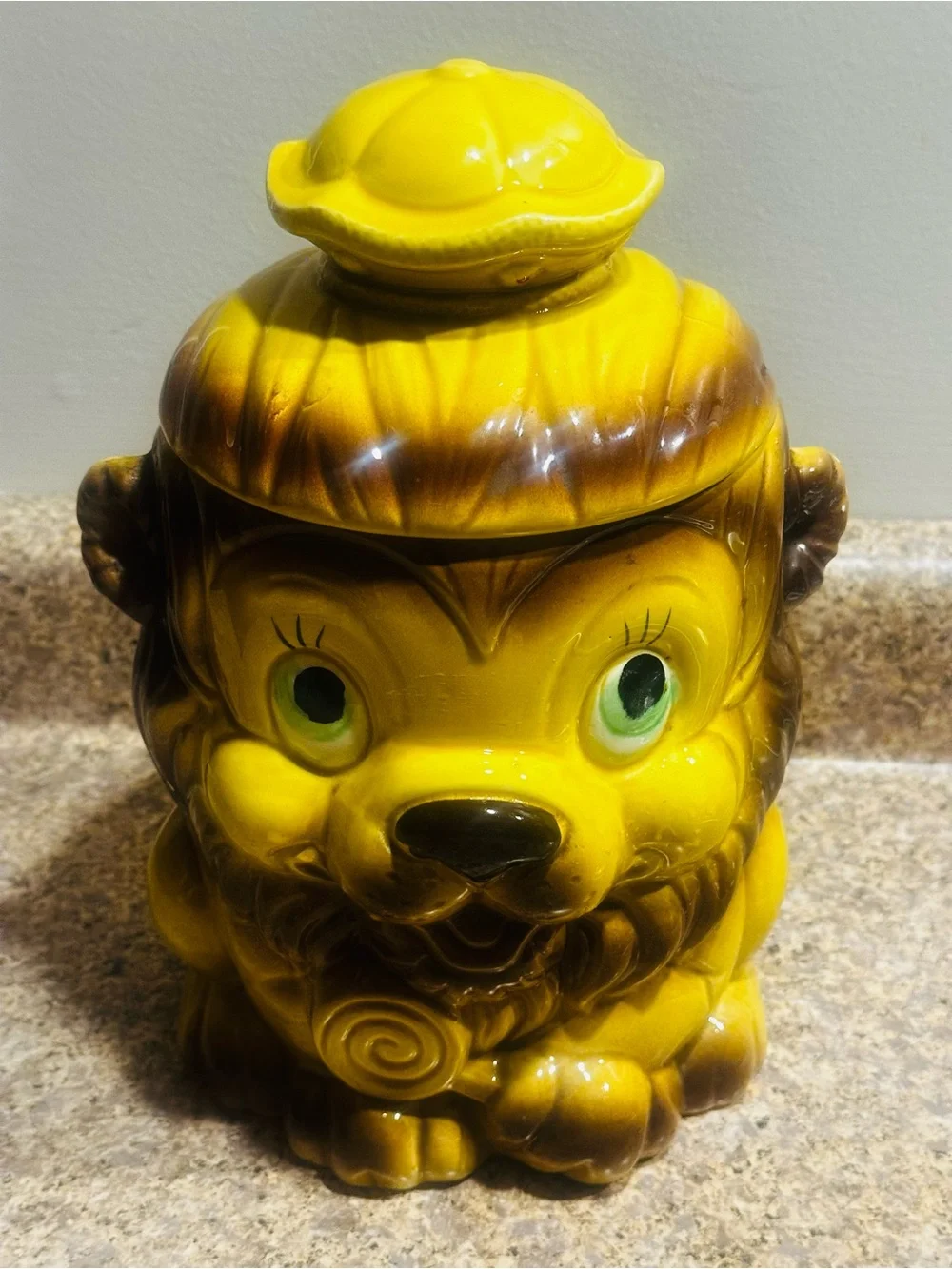 Vintage Lion LOLLIPOP Crown Japan Cookie Jar Joy's Yellow Brown Retro Canister